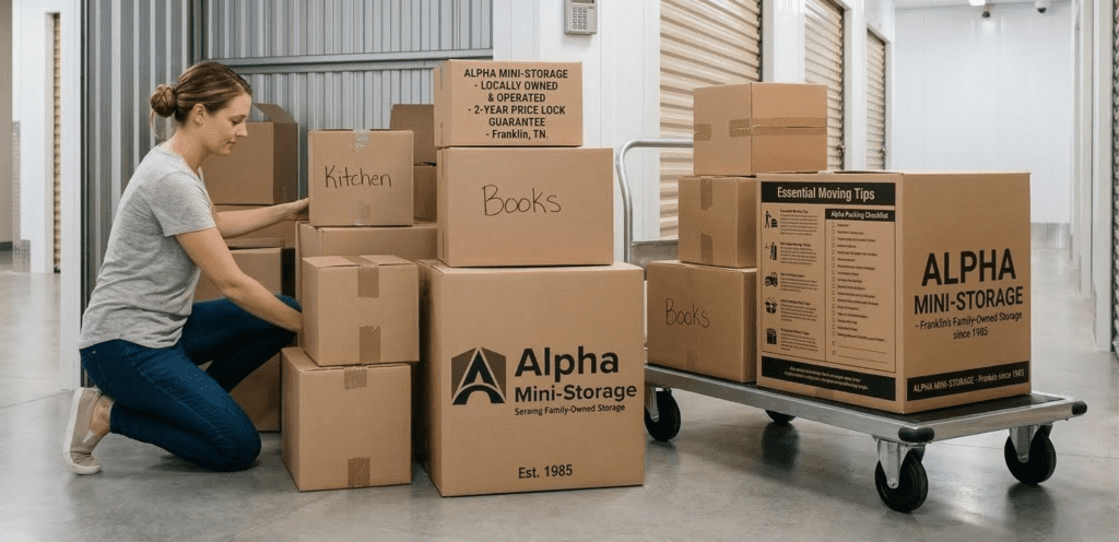 Woman organizing labeled moving boxes in storage