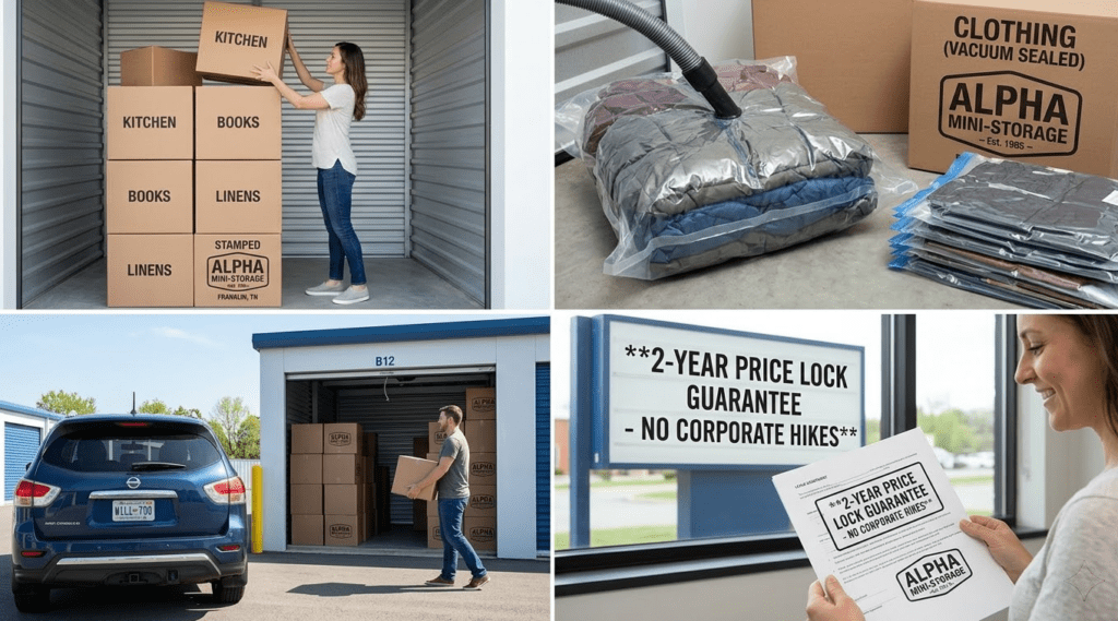 A collage of four images showing self storage Franklin TN packing hacks: a woman neatly stacking uniform boxes, clothing being vacuum-sealed to maximize storage space, a man unloading an SUV directly into a drive-up unit, and a happy customer holding an Alpha Mini-Storage 2-Year Price Lock Guarantee agreement.