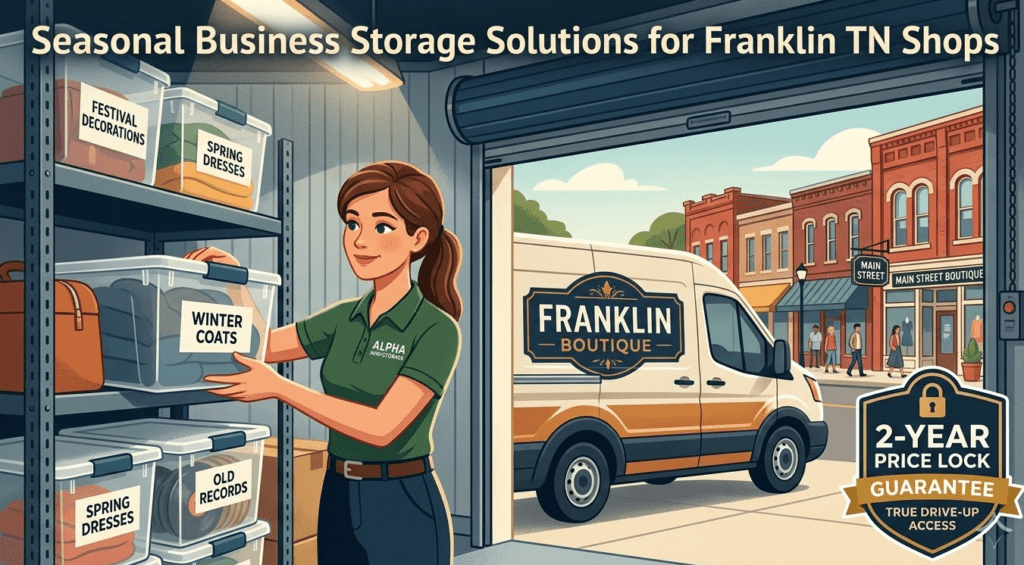 Franklin boutique owner organizing seasonal storage boxes