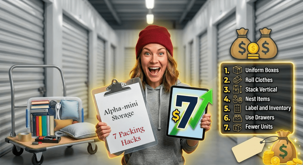 Excited woman holding storage packing hacks